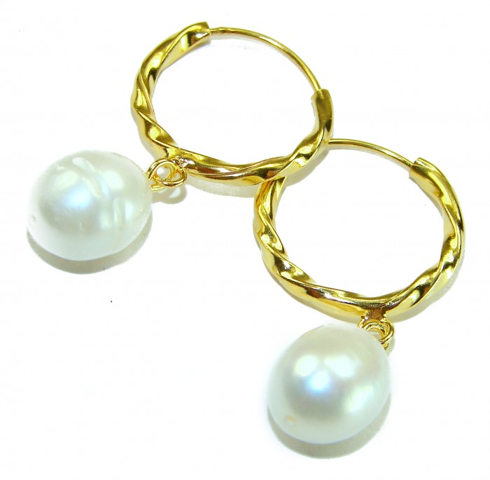 Genuine Pearl 14K Gold over .925 Sterling Silver handcrafted Statement Earrings - Close-up of gold hoop earrings with genuine pearls.