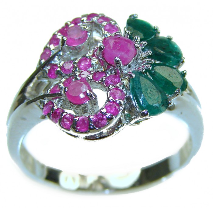 Real Beauty Natural 8.9 carat Ruby Emerald .925 Sterling Silver handmade Statement Ring size 8 - Ruby and emerald ring, top view, set in .925 sterling silver.