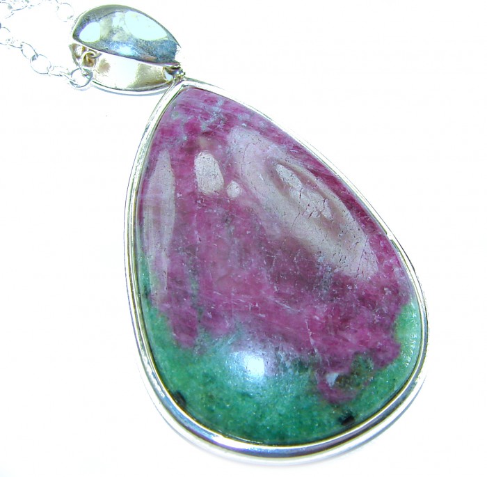 Boho Style Genuine Ruby in Zoisite .925 Sterling Silver handmade necklace - Close-up of boho style ruby in zoisite pendant with sterling silver.