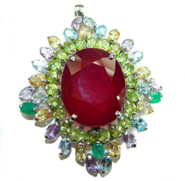 Rainbow Rapsody - RARE FINDING - 55.7 carat Authentic Ruby .925 Sterling Silver handcrafted Pendant Brooch - Close-up of Rainbow Rapsody pendant with ruby and multicolored gems.