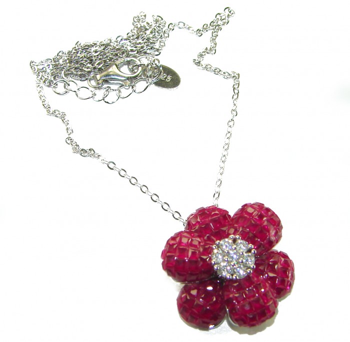 Red Flower 18.2 carat Ruby .925 Sterling Silver .925 Sterling Silver Statement Necklace - Red flower ruby necklace, sterling silver, top view showing chain and clasp.