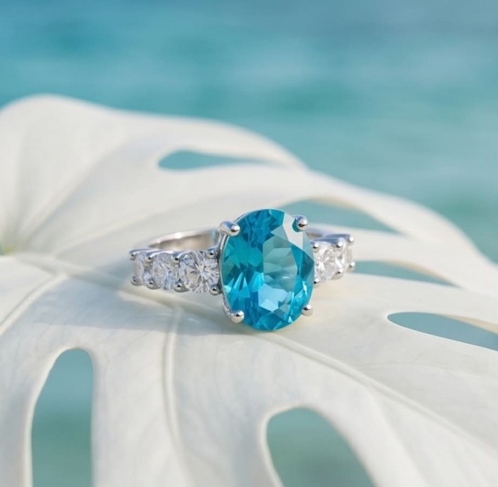 Eau Pure 5.1 carat Paraiba Tourmaline .925 Sterling Silver Handcrafted Ring size 8 adjustable - Paraiba Tourmaline ring close-up on leaf, ocean background