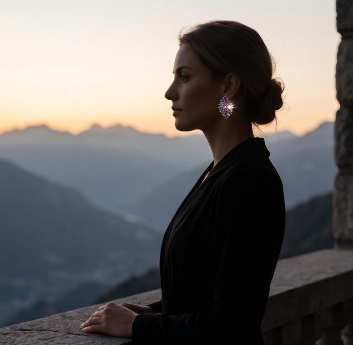 Bella Rosa Genuine 22.8 carat Ruby .925 Sterling Silver dipped in rhodium Statement brilliantly handcrafted earrings - Side view of woman wearing Bella Rosa 22.8 ct Ruby Sterling Silver earrings