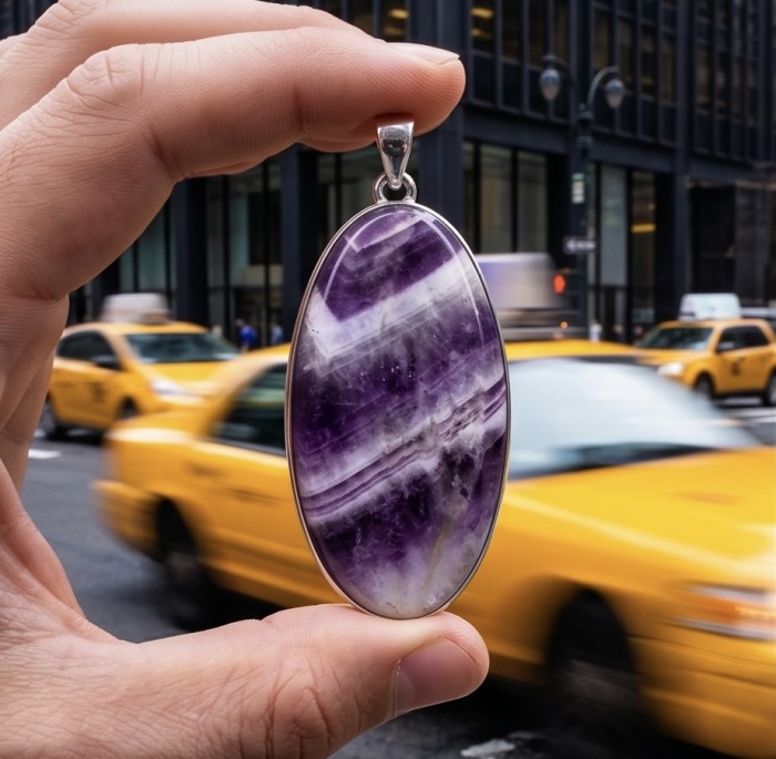 Chevron Amethyst - stone with enhanced spiritual power .925 Sterling Silver dipped in rhodium handcrafted Pendant - Chevron Amethyst pendant close-up held in hand with city background.