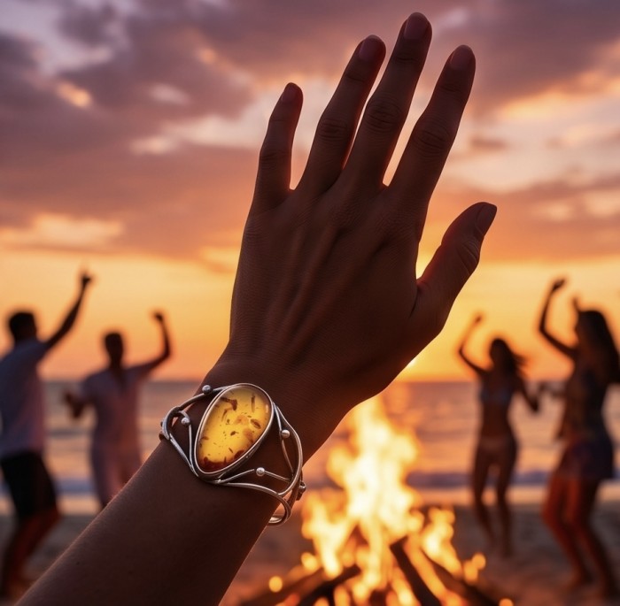Vintage Design Genuine the best QUALITY Baltic Amber .925 Sterling Silver handamde Bracelet / Cuff - Amber bracelet on hand in front of beach bonfire at sunset.