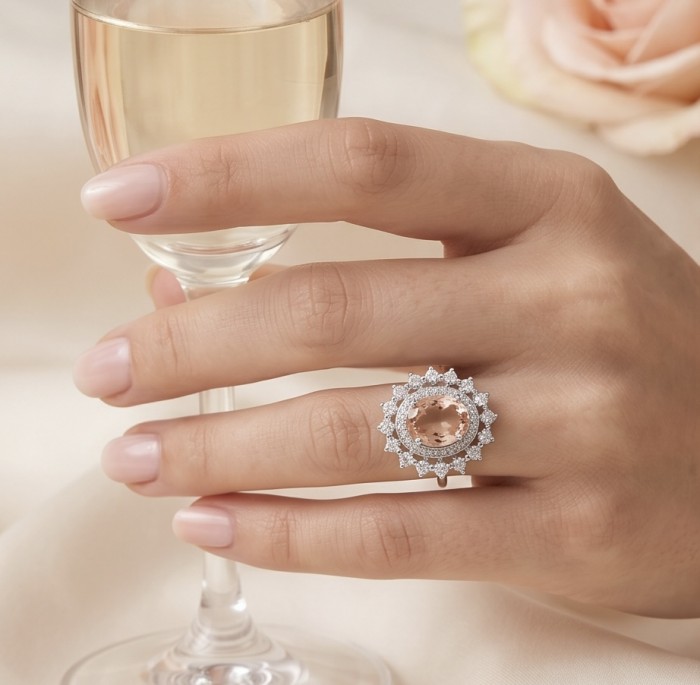Authentic oval cut 9.2 carat Morganite 14K White Gold over .925 Sterling Silver ring s. 8 1/4 - Morganite ring worn on hand holding a wine glass
