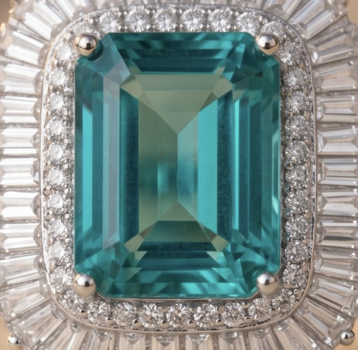 Art Deco emerald cut 10.2 carat Colombian Emerald 7.3 carat White Topaz .925 Sterling Silver dipped in Rhodium handcrafted Ring size 7 1/2 - Close-up of Art Deco emerald cut Colombian emerald ring.