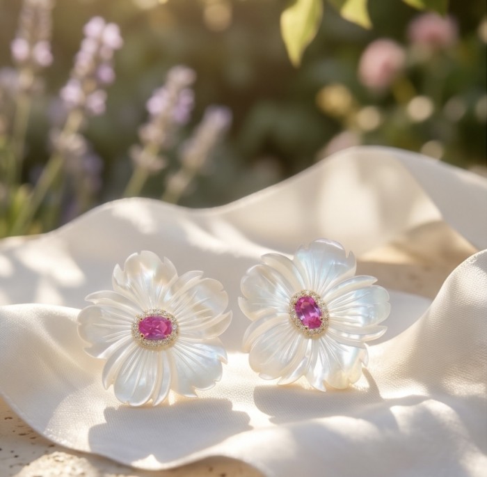 Genuine Blister Pearl 5.9 carat Pink Tourmaline .925 Sterling Silver handcrafted Large Statement Earrings - Floral earrings with pink tourmaline, close-up on silk fabric background.