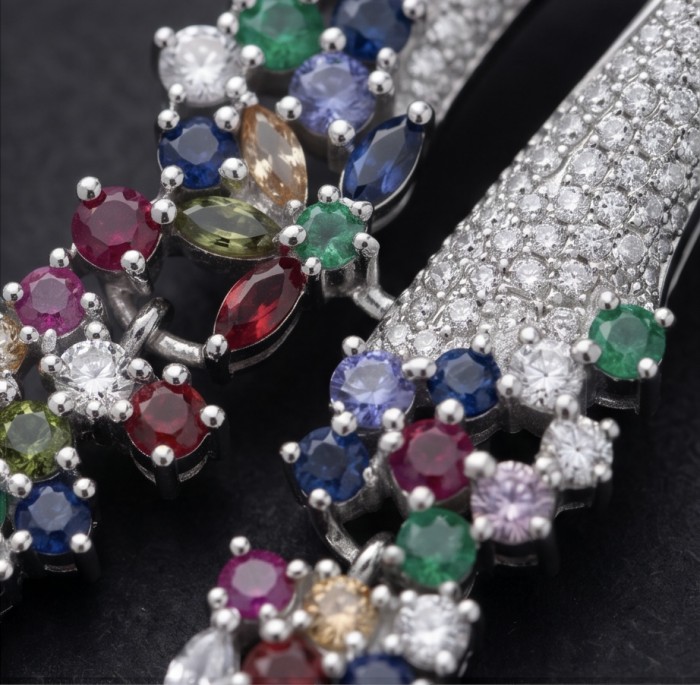 Heirloom Genuine 10.5 carat Multigem .925 Sterling Silver dipped in rhodium handmade Pendant - Close-up of multigem stones on sterling silver jewelry.