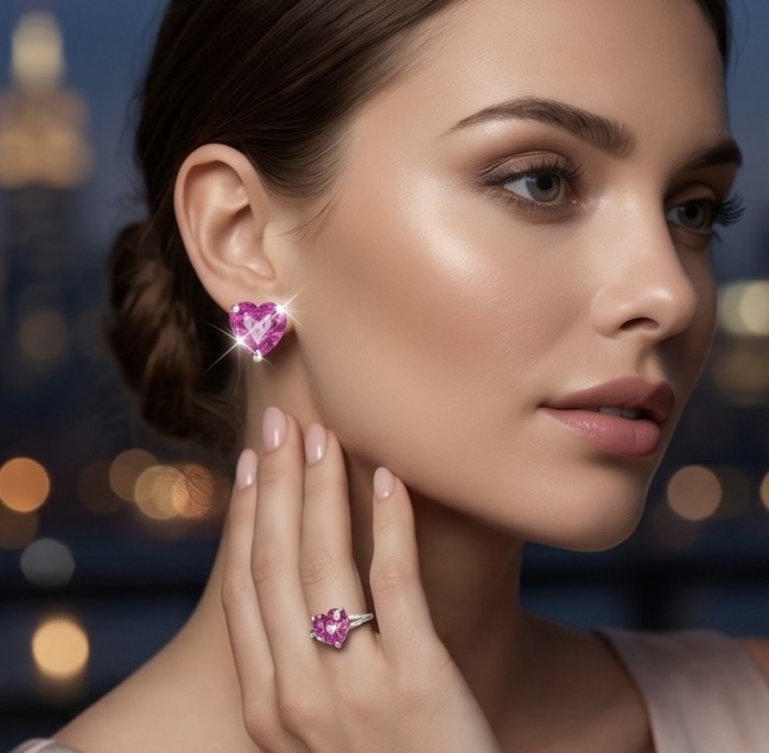 Exceptional- Pink Hearts - 35.7 carat Pink Sapphire .925 Sterling Silver dipped in rhodium luxuriously Handcrafted Statement earrings - Woman wearing pink heart-shaped earrings and ring, side view.