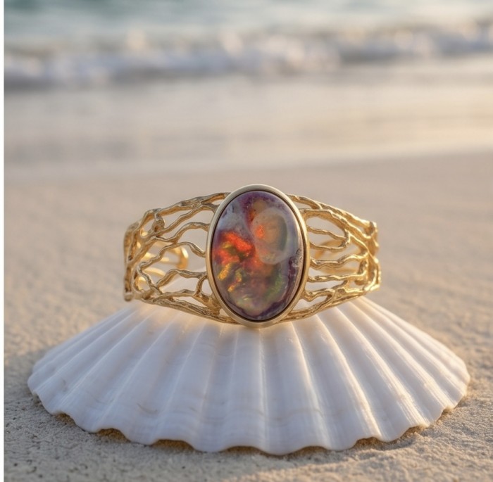 Authentic 25.8 carat Mexican Opal handmade 14K Gold over .925 Sterling Silver Bracelet / Cuff - Mexican opal gold bracelet on seashell at beach, front view.