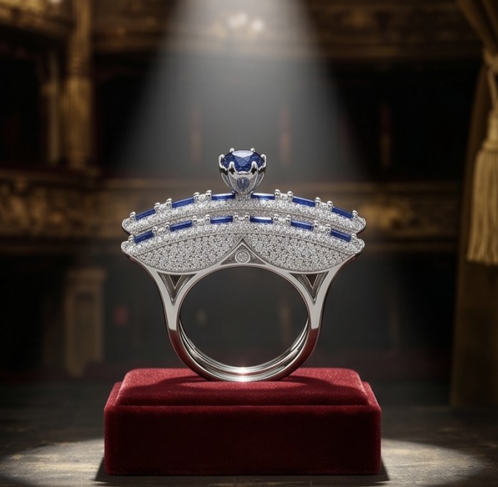 Extravaganza Large 5.6 carat Sapphire .925 Sterling Silver brilliantly handcrafted stack up ring s. 7 - Extravaganza ring side view showcasing sapphire and intricate design.