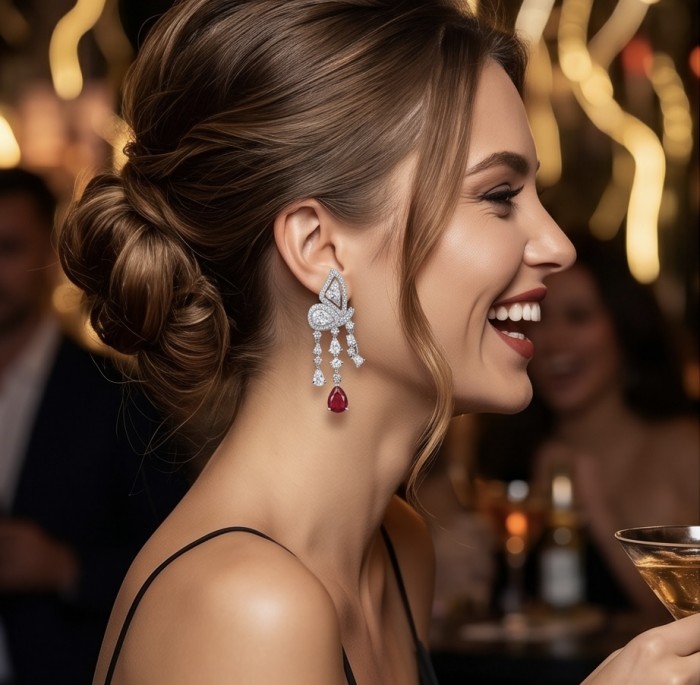 Giovanna - Magnificent Jewel 4.5 carat Ruby .925 Sterling Silver handcrafted incredible earrings - Side view of woman wearing Giovanna Ruby .925 Sterling earrings.