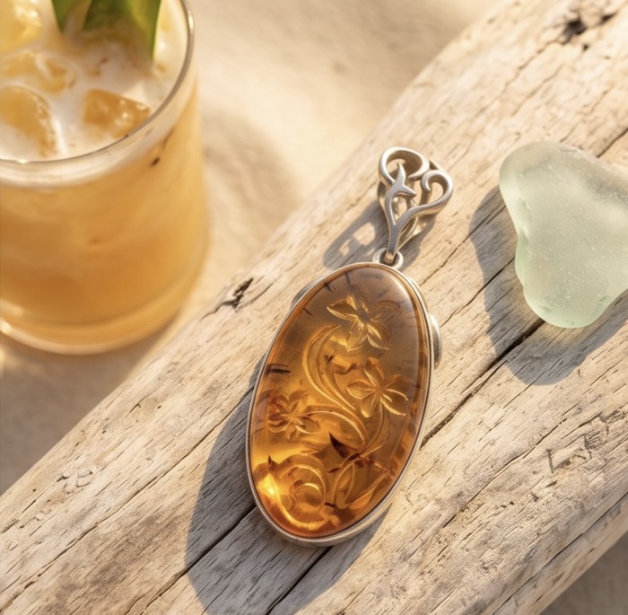 Prehistoric Authentic Golden Baltic Amber 14K Gold over .925 Sterling Silver beautifully handcrafted Pendant - Amber pendant on driftwood, close-up view, beside drink and sea glass.