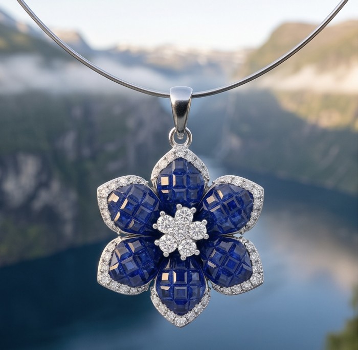 Precious Sapphire - authentic mysery setting 8.2 carat Sapphire .925 Sterling Silver Eternity handcrafted PENDANT - Pendant close-up of sapphire flower with diamond accents.