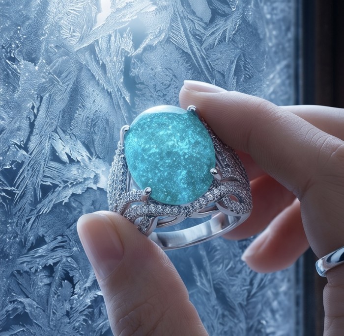 Oceania 14.5 carat Paraiba Tourmaline .925 Sterling Silver Handcrafted Ring size 9 - Close-up of Oceania Paraiba Tourmaline ring against frosted glass background