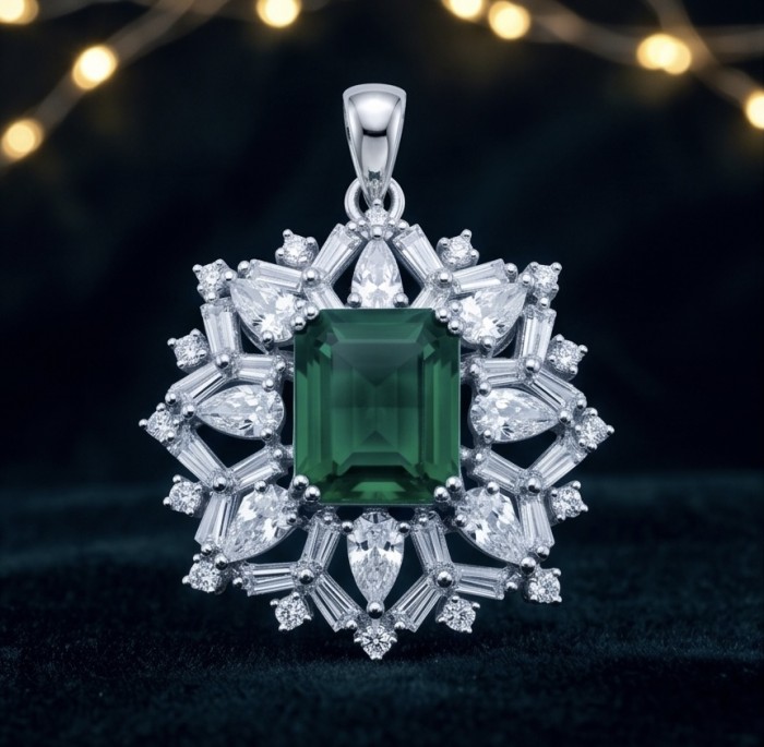 Giovanna - Authentic 4.8 carat COLOMBIAN EMERALD .925 Sterling Silver dipped in rhodium handcrafted pendant - Close-up of Giovanna pendant with Colombian emerald and diamonds.