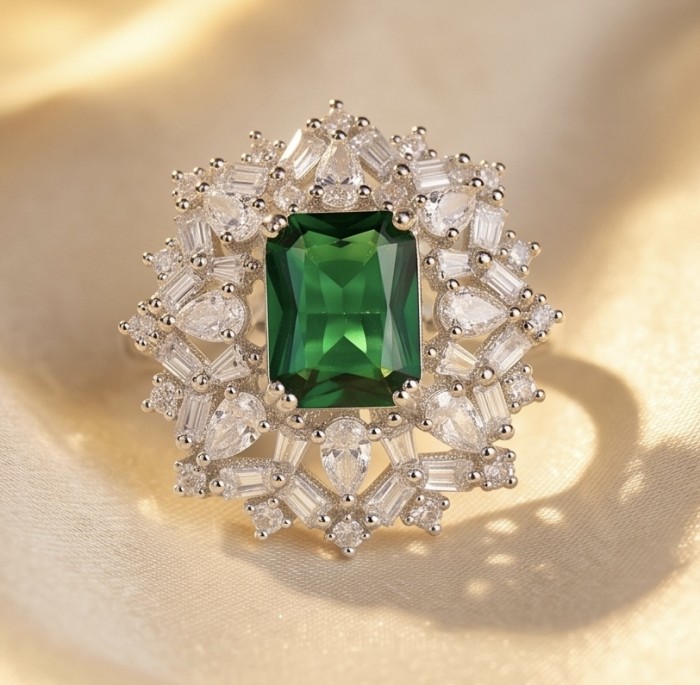 Giovanna - Authentic 4.4 carat COLOMBIAN EMERALD .925 Sterling Silver dipped in rhodium handcrafted Statement Ring size 8 - Close-up of Giovanna ring with emerald and diamond accents