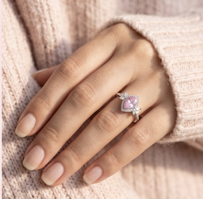Isabella - Light Pastel 4.7 carat Kunzite .925 Silver handcrafted Cocktail Ring s. 7 1/2 - Kunzite ring in silver worn on hand, light pastel pink stone, 4.7 carat.
