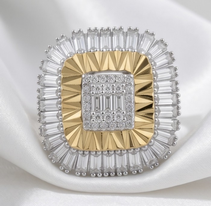 Art Deco 2.2 carat White Topaz 14K Gold over .925 Silver handcrafted Cocktail Ring s. 8 - Close-up of Art Deco 2.2 carat White Topaz ring with 14K gold accents