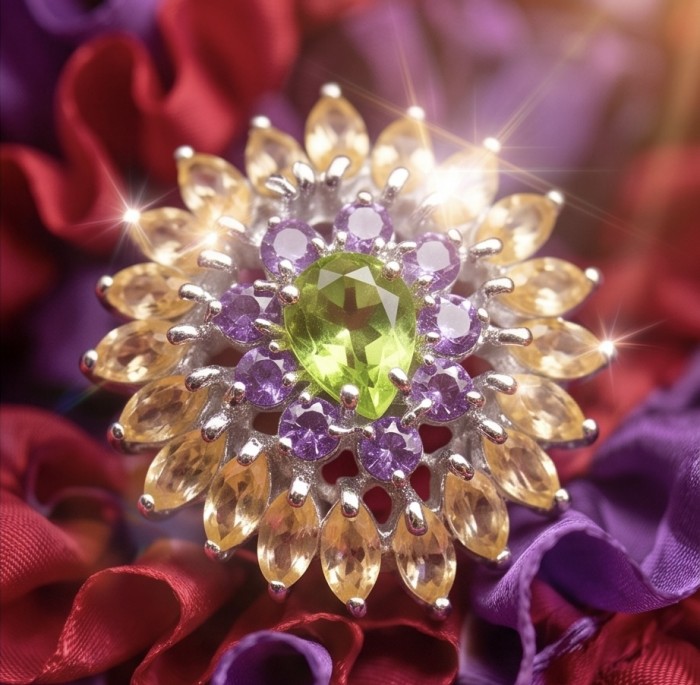 Isabel Authentic 19.2 carat Peridot from Arizona .925 Sterling Silver handmade Ring s. 9 - Close-up of mixed gemstone ring with central green peridot.