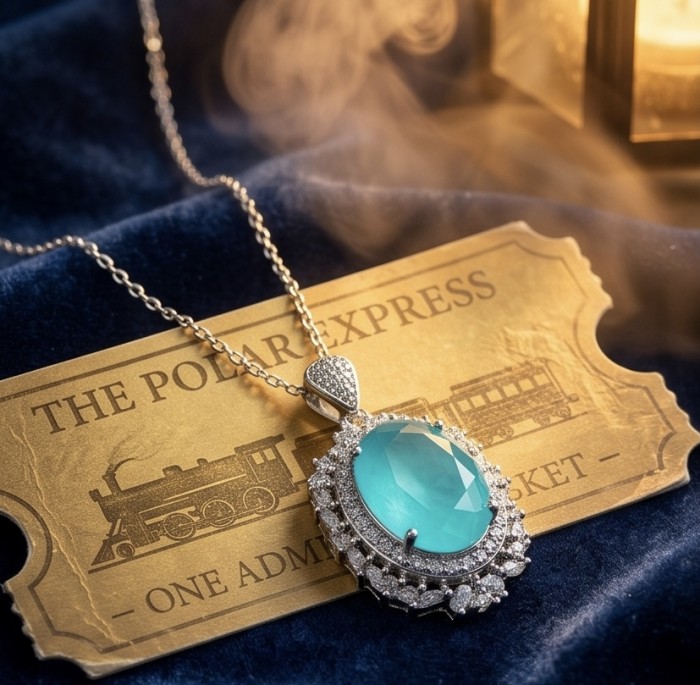 Wonderland 15.2 carat fancy oval cut Paraiba Tourmaline .925 Sterling Silver Handcrafted Statement necklace - Paraiba Tourmaline necklace on Polar Express ticket with lantern glow