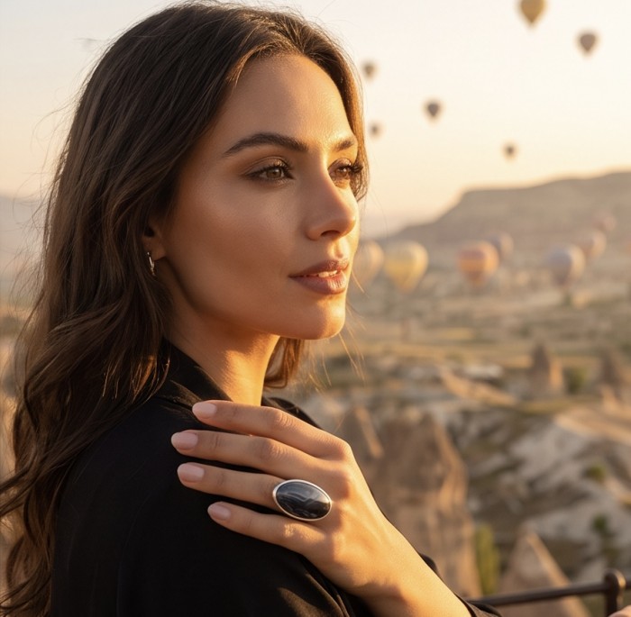 Top quality Scentic Botswana Agate .925 Sterling Silver handcrafted Ring s. 8 adjustable - Worn on hand: Botswana Agate .925 Sterling Silver ring against landscape.
