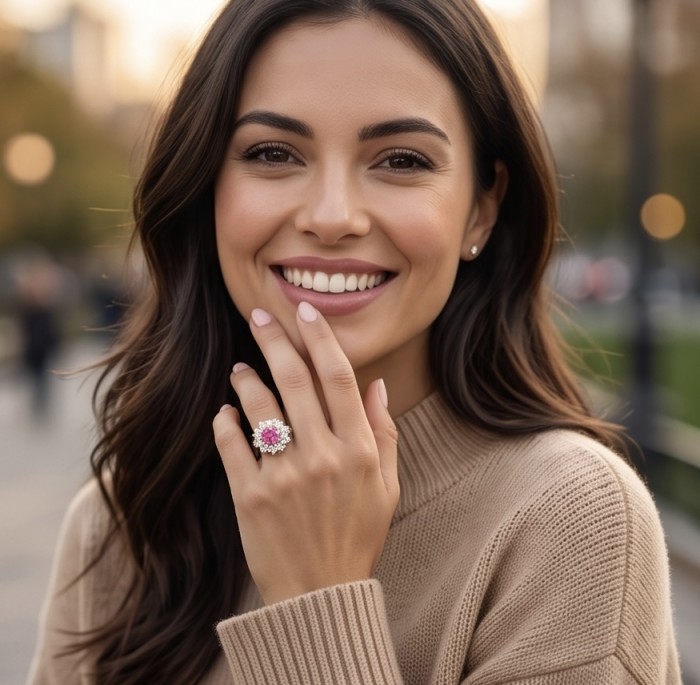 Scarlett 4.8 ctw Mozambique Ruby 22K Gold over .925 Sterling Silver handcrafted Statement Ring size 7 - Woman wearing Scarlett ring, 4.8 ctw Mozambique Ruby, close-up on hand.