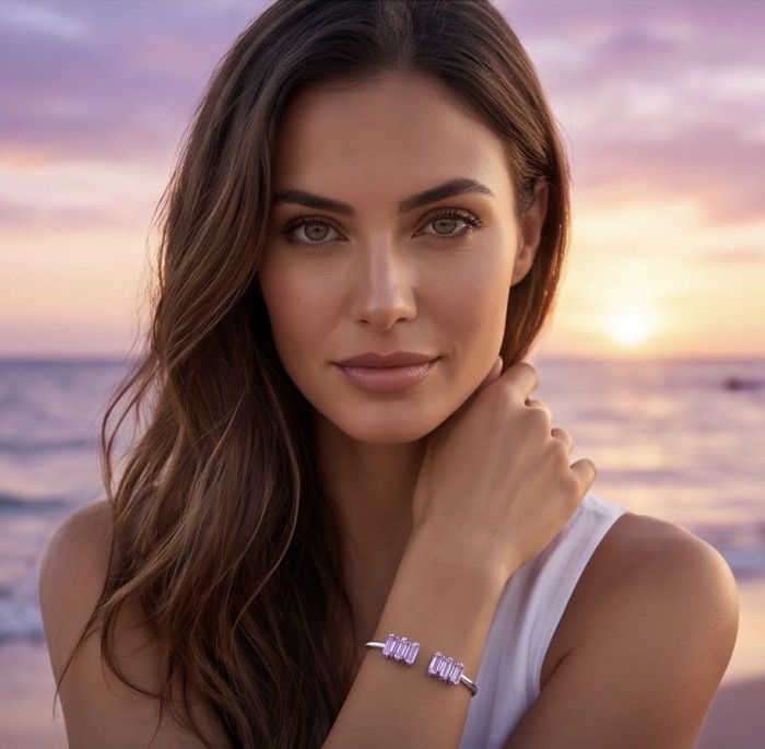 Precious Light Natural 5.2 carat Kunzite .925 Sterling Silver bracelet - Woman wearing Precious Light Kunzite bracelet at sunset beach.
