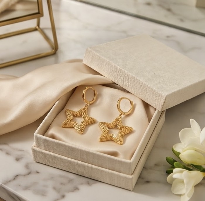 Golden Stars- Dubai Style - .925 Sterling Silver dipped in 22K Gold handmade Earrings - Golden star earrings in a box on marble, front view.
