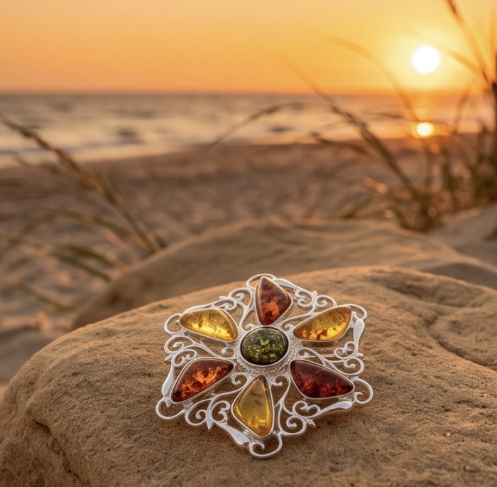 Golden Harmony Authentic Baltic Amber rhodium over .925 Sterling Silver handcrafted pendant - Amber brooch on sand at sunset, front view showcasing all stones.