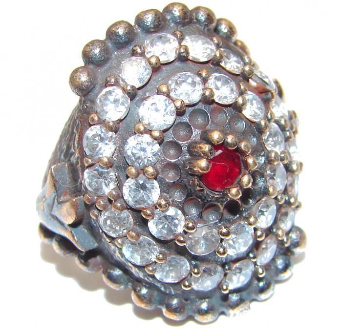 Large Victorian Style created Ruby & White Topaz Sterling Silver ring; s. 6 1/2 - photo 1