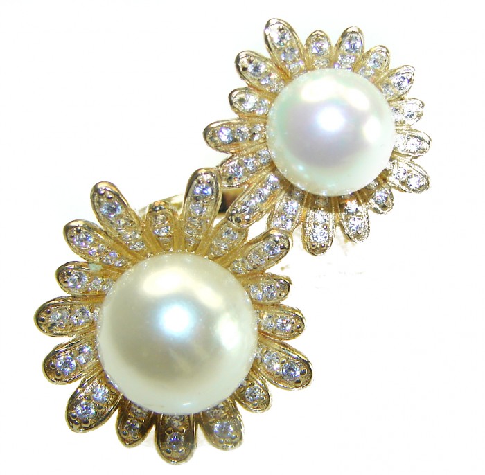 Luxurious 2 Pearls 0.7 carat lab. grown diamonds 18K Gold over .925 Sterling Silver brilliantly handcrafted ring s. 8 1/4 - photo 2