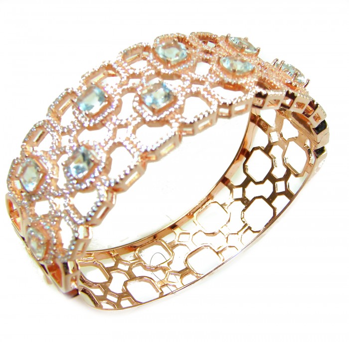 Miabella 18.5 CARAT Aquamarine 18K Gold over .925 Sterling Silver handmade bangle Bracelet - Ornate gold bracelet with aquamarine, angled top view.
