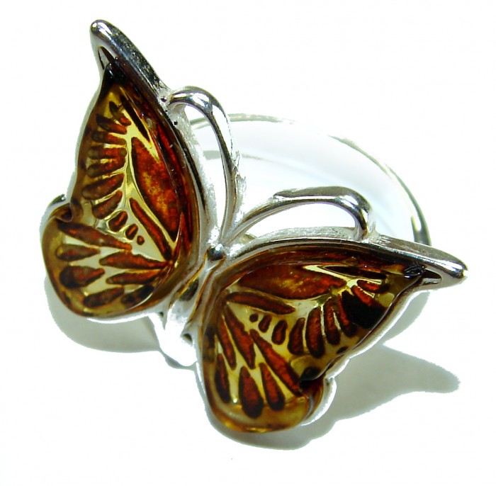 Butterfly Authentic carved Baltic Amber .925 Sterling Silver handcrafted ring; s. 7 adjustable - Butterfly amber ring, side view, .925 sterling silver.
