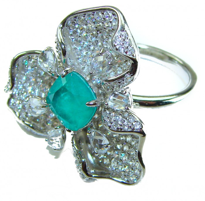Floral design 4.2 carat Emerald .925 Sterling Silver .925 Sterling Silver Statement Ring size 7 - Close-up of floral silver ring with 4.2 carat emerald centerpiece.
