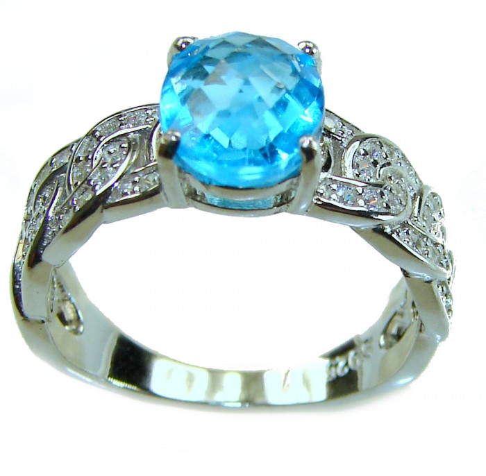 Blue Odyssey 4.5 carat authentic Swiss Blue Topaz .925 Sterling Silver handmade Statement Ring size 9 - Side view of Swiss Blue Topaz ring with intricate silver details