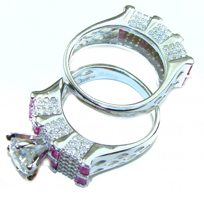 Extravaganza 18.5 carat White Topaz Ruby .925 Sterling Silver brilliantly handcrafted stack up ring s. 7 - Side view of white topaz and ruby rings in sterling silver.
