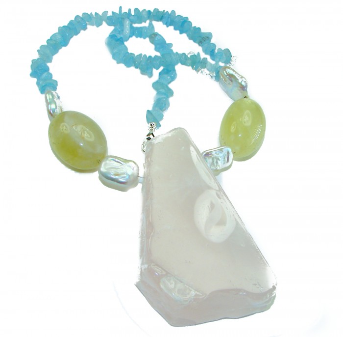 Bochic style Outstanding 288.8 carat Brazilian Rose Quartz .925 Sterling Silver handcrafted Statement necklace; 245.8 grams - Bochic necklace with 288.8 ct Brazilian Rose Quartz, front view.