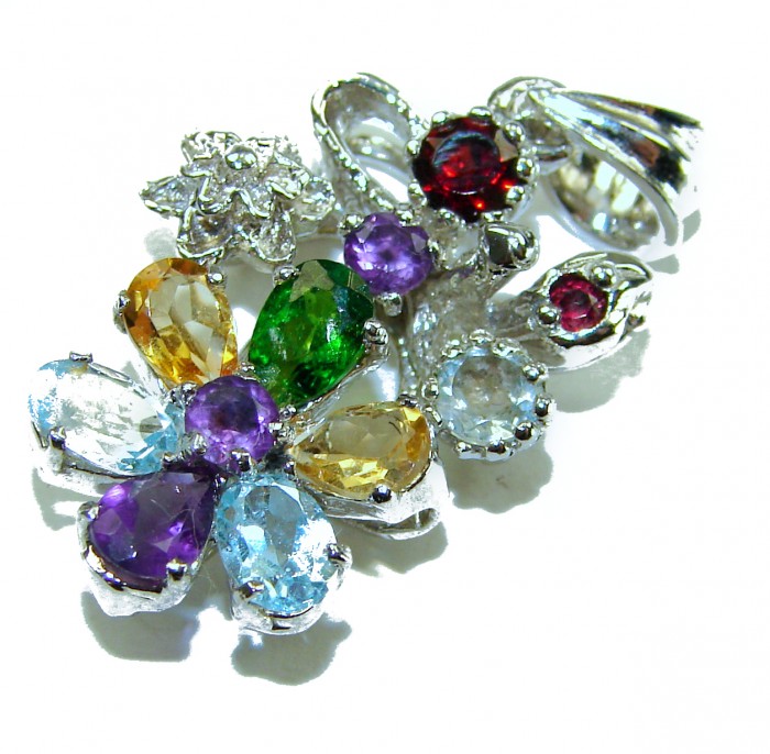 Beauty of Nature floral design 21.5 CARAT Multigem .925 Sterling Silver handcrafted pendant - Floral multigem pendant close-up, showcasing colorful stones and design