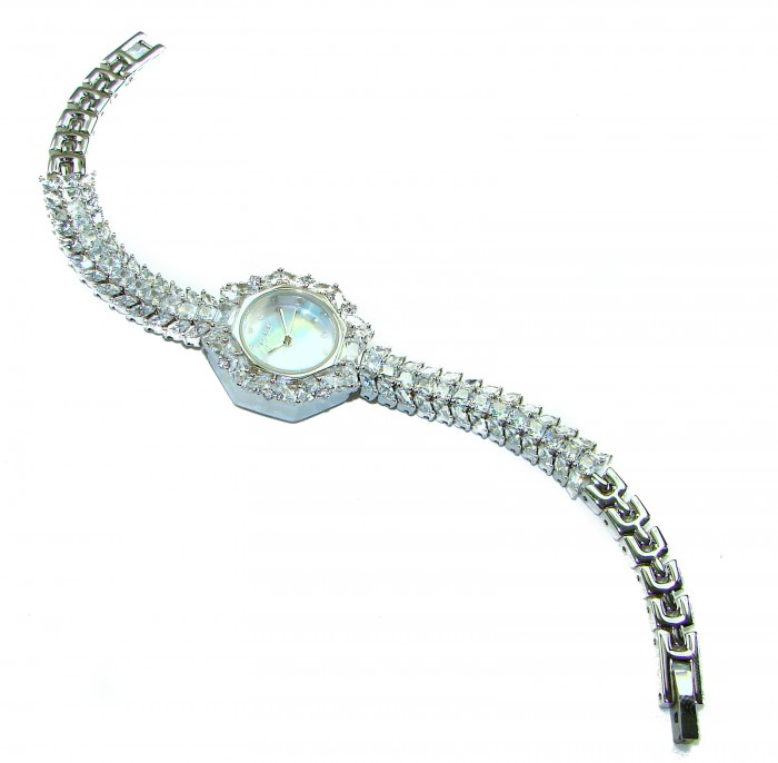 Precious 95.8 carat natural White Topaz .925 Sterling Silver handmade Bracelet - Watch - Elegant watch with white topaz stones, angled side view.