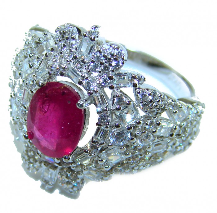 Real Beauty Natural 3.4 carat Ruby .925 Sterling Silver handmade Statement Ring size 6 1/4 - Close-up of a ruby ring with intricate silver detailing.