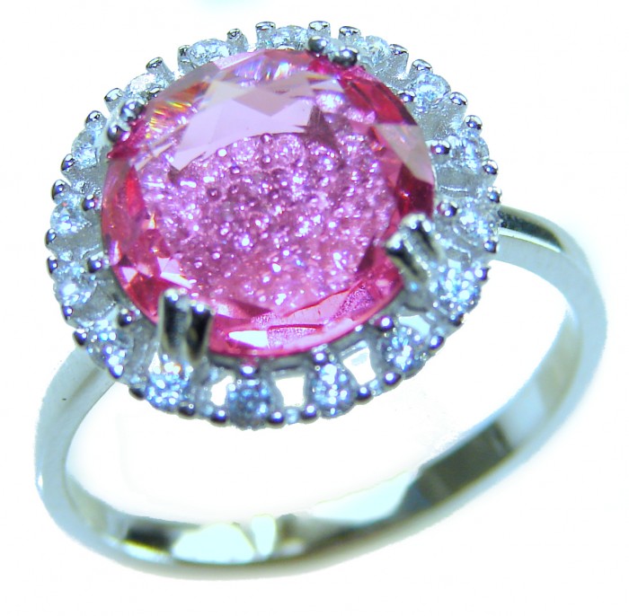Love 10.8 carat Pink Topaz rhodium over .925 Sterling Silver handcrafted Statement Ring size 9 - Close-up of Love 10.8 carat Pink Topaz ring in rhodium over sterling silver.