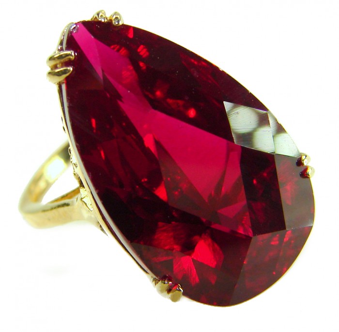 Carmen Natural 28.4 carat Ruby .925 Sterling Silver dipped in 22K Gold handmade Large Statement Ring size 7 - Close-up of Carmen 28.4 ct ruby ring in sterling silver setting.