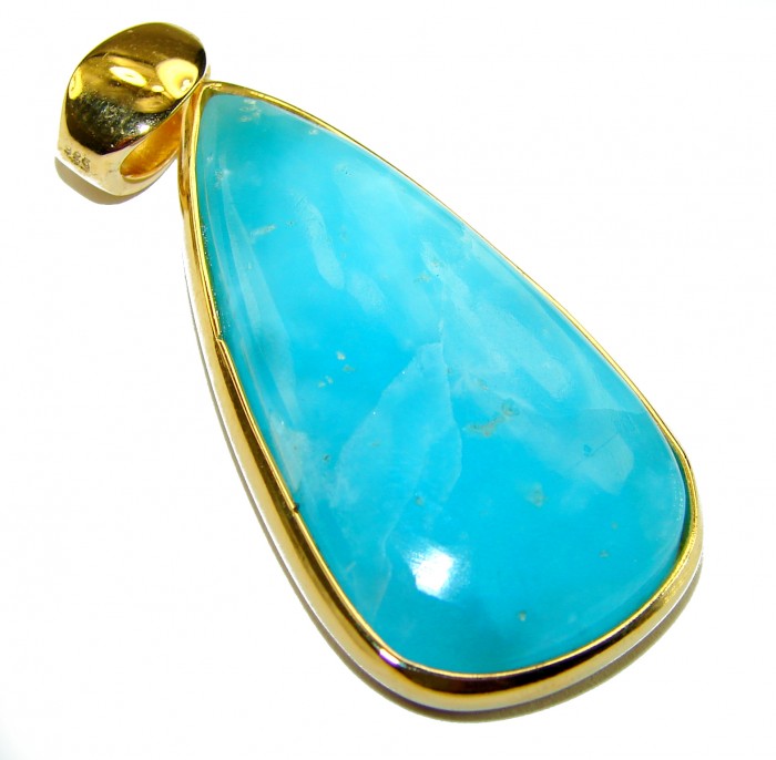 Best quality 58.5 carat Authentic Caribbean Larimar 22K Gold over .925 Sterling Silver handmade pendant - Close-up of Caribbean Larimar pendant with gold setting.