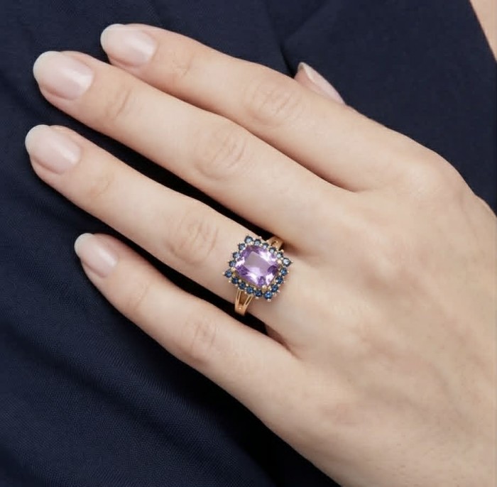 Julietta 5.5 carat Amethyst Sapphire 18K Gold over .925 Sterling Silver HANDCRAFTED Ring s. 8 - Amethyst and sapphire ring on hand, front view.