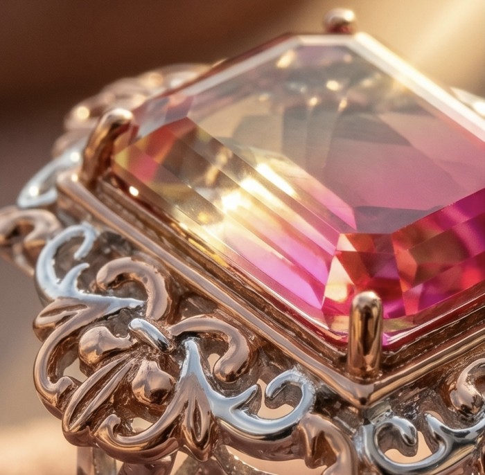 Emerald cut Ametrine 18K Gold over .925 Sterling Silver handcrafted Ring s. 8 1/4 - Close-up of emerald-cut ametrine set in ornate gold over silver.