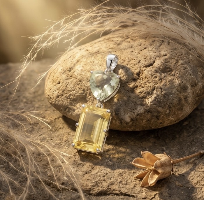 Golden Cascade 32.7 carat Lemon Quartz Green Amethyst .925 Sterling Silver handcrafted Lpendant - Pendant with lemon quartz and green amethyst on stone backdrop.