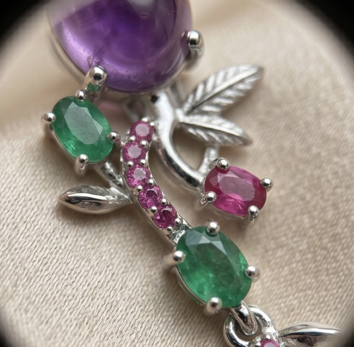 Tiffany Genuine Pearl 10.2 carat Amethyst rhodium over .925 Sterling Silver handcrafted Long Statement Earrings - Close-up of multicolored gemstone detail on Tiffany jewelry piece.