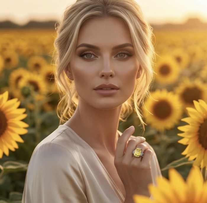 Jolie - Luxurious baguette cut 22.7 carat Yellow Sapphire rhodium over .925 Sterling Silver handcrafted Ring s. 6 1/4 - Worn on hand in sunflower field, showcasing the yellow sapphire ring.